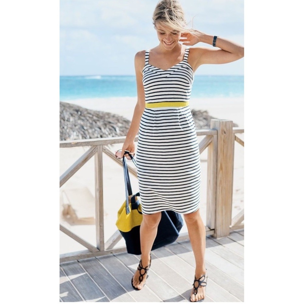 Boden Aurelie Striped Jersey Dress White Blue Yellow Waist WW282 Womens 12L